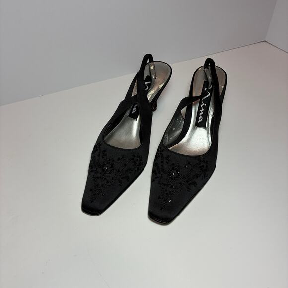 Nina Slingback Heels 6.5M BEADED Shoes Dressy Black Leather soles Classic Luxury - Picture 1 of 10